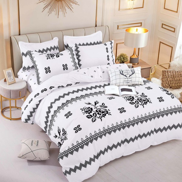 Lenjerie pat 1 PERSOANA,  FINET, 4 piese, Jojo Home, Alb-Negru, model traditional [1]