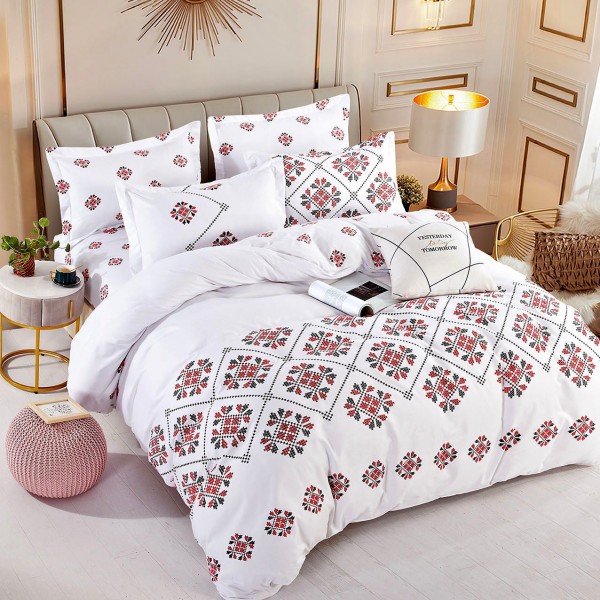Lenjerie pat 1 PERSOANA,  FINET, 4 piese, Jojo Home, Alb-Rosu, model traditional [1]