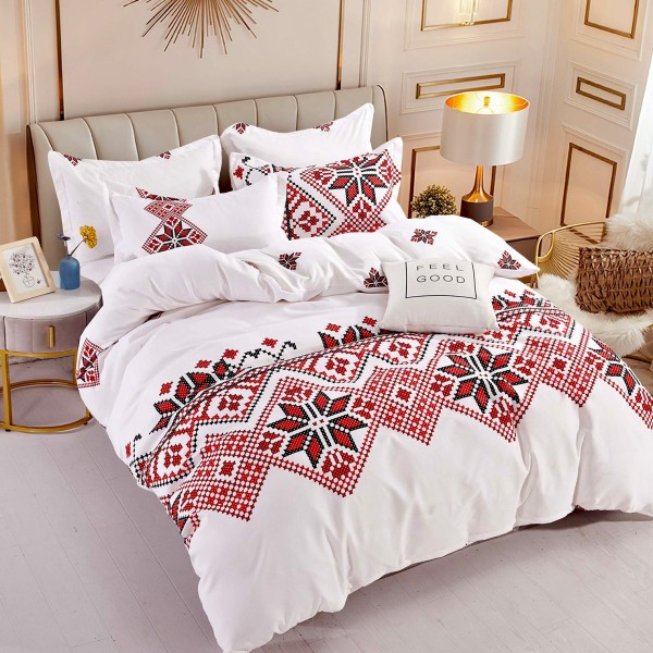 Lenjerie pat 1 PERSOANA,  FINET, 4 piese, Jojo Home, Alb-Rosu, model traditional [1]