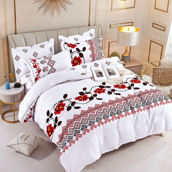 Lenjerie pat 1 PERSOANA,  FINET, 4 piese, Jojo Home, Alb-Rosu, model traditional [1]