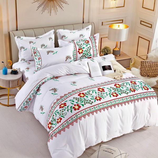 Lenjerie pat 1 PERSOANA,  FINET, 4 piese, Jojo Home, Alb-Rosu, model traditional [1]