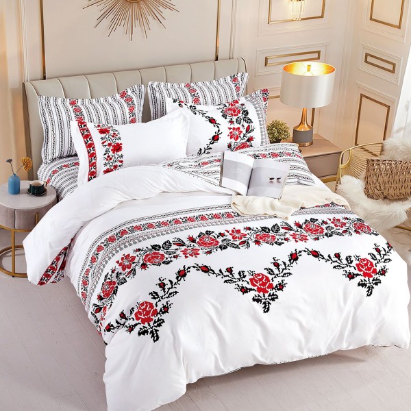 Lenjerie pat 1 PERSOANA,  FINET, 4 piese, Jojo Home, Alb-Rosu, model traditional [1]