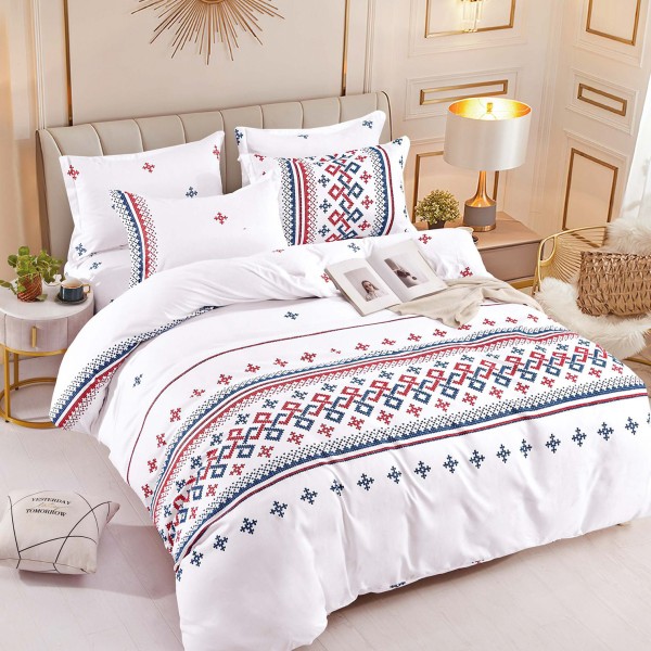 Lenjerie pat 1 PERSOANA,  FINET, 4 piese, Jojo Home, Alb-Rosu, model traditional [1]
