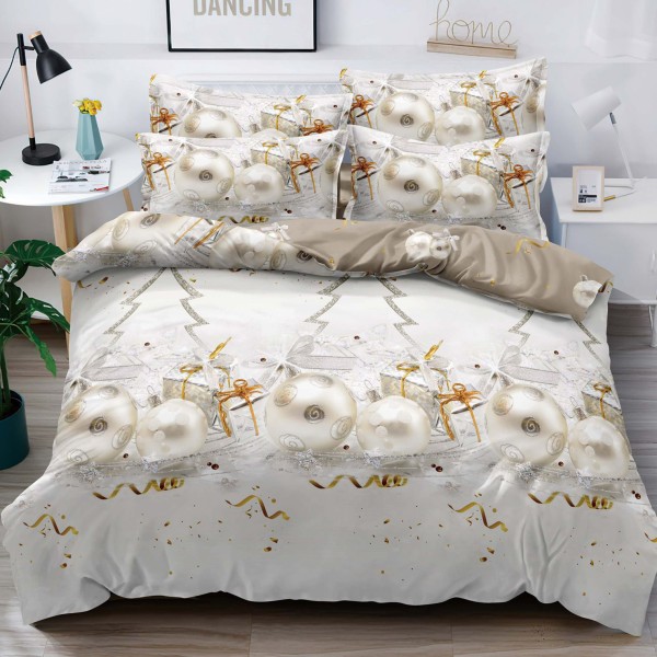 Lenjerie pat 1 PERSOANA,  FINET, 4 piese, Jojo Home, Craciun, Gri-Bej, globulete [1]