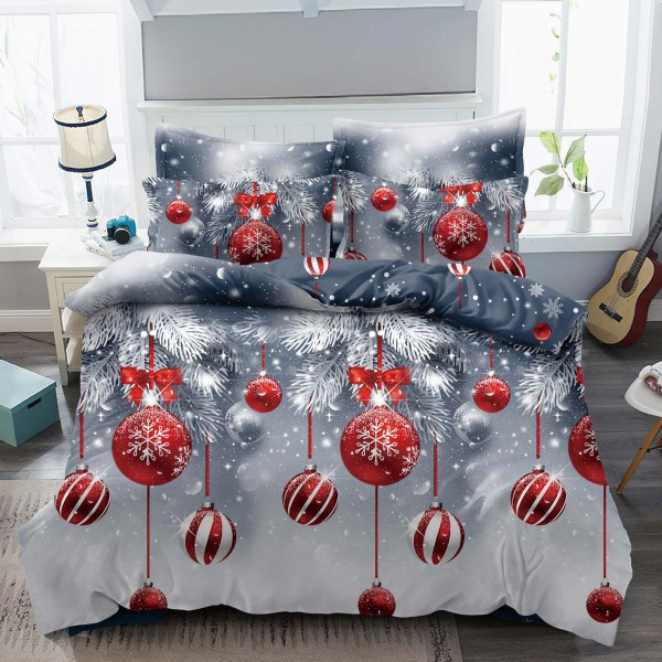 Lenjerie pat 1 PERSOANA,  FINET, 4 piese, Jojo Home, Craciun, Gri-Rosu, globulete [1]