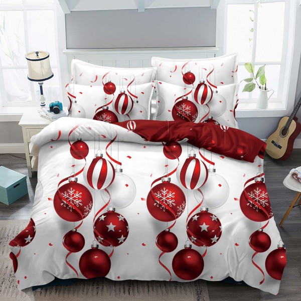 Lenjerie pat 1 PERSOANA,  FINET, 4 piese, Jojo Home, Craciun, Alb-Rosu, globulete [1]