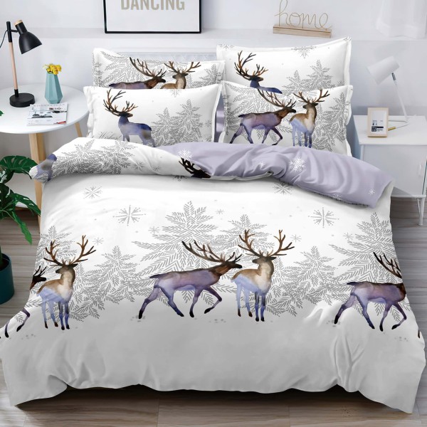 Lenjerie pat 1 PERSOANA,  FINET, 4 piese, Jojo Home, Craciun, Gri-Lila, reni [1]