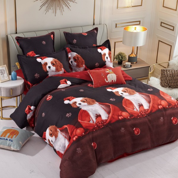 Lenjerie pat 1 PERSOANA,  FINET, 4 piese, Jojo Home, Craciun, Negru-Rosu, catelusi [1]