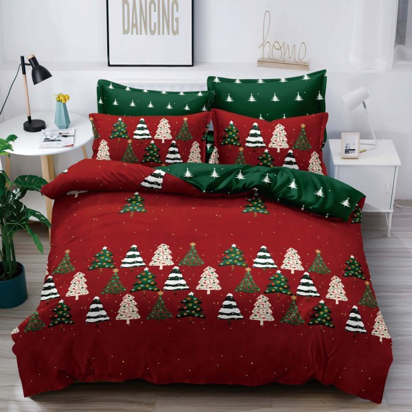 Lenjerie pat 1 PERSOANA,  FINET, 4 piese, Jojo Home, Craciun, Rosu-Verde, braduti [1]