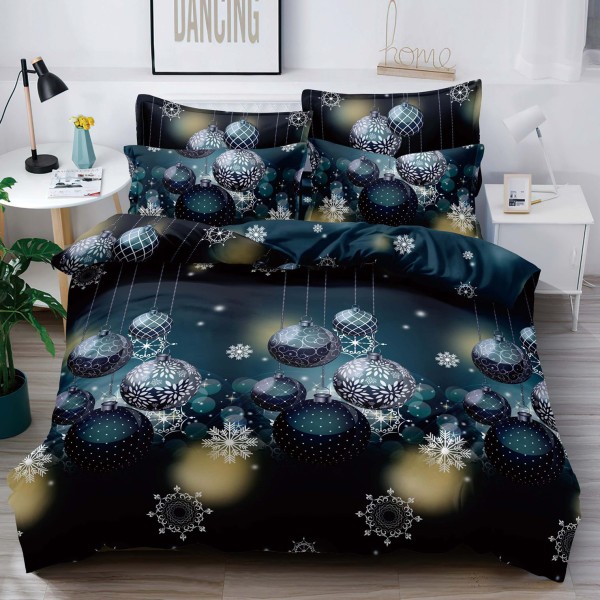 Lenjerie pat 1 PERSOANA,  FINET, 4 piese, Jojo Home, Craciun, Bleumarin-Multicolor, globulete [1]
