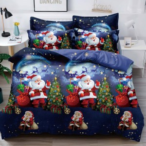 Lenjerie pat 1 PERSOANA,  FINET, 4 piese, Jojo Home, Craciun, Bleumarin-Multicolor, Mos Craciun, brazi Lenjerie pat 1 PERSOANA,  FINET, 4 piese, Jojo Home, Craciun, Bleumarin-Multicolor, Mos Craciun, brazi