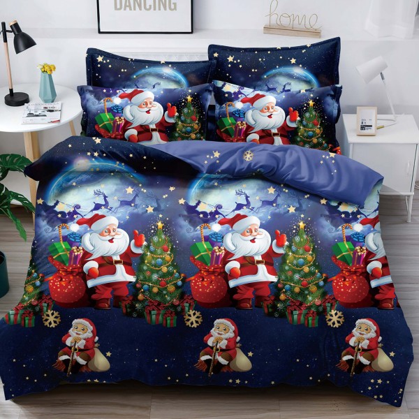 Lenjerie pat 1 PERSOANA,  FINET, 4 piese, Jojo Home, Craciun, Bleumarin-Multicolor, Mos Craciun, brazi [1]