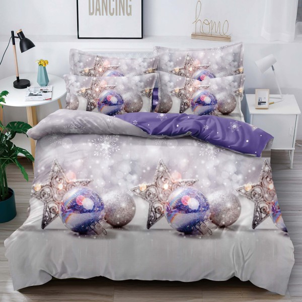 Lenjerie pat 1 PERSOANA,  FINET, 4 piese, Jojo Home, Craciun, Gri-Lila, globulete [1]