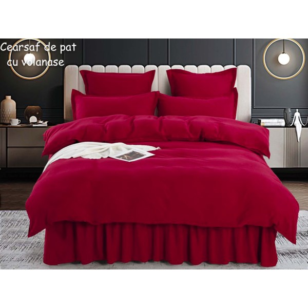 Lenjerie pat dublu,  FINET, 6 piese, cu volanase, Jojo Home, Visiniu [1]