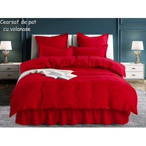 Lenjerie pat dublu,  FINET, 6 piese, cu volanase, Jojo Home, Rosu
