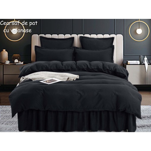 Lenjerie pat dublu,  FINET, 6 piese, cu volanase, Jojo Home, Negru [1]