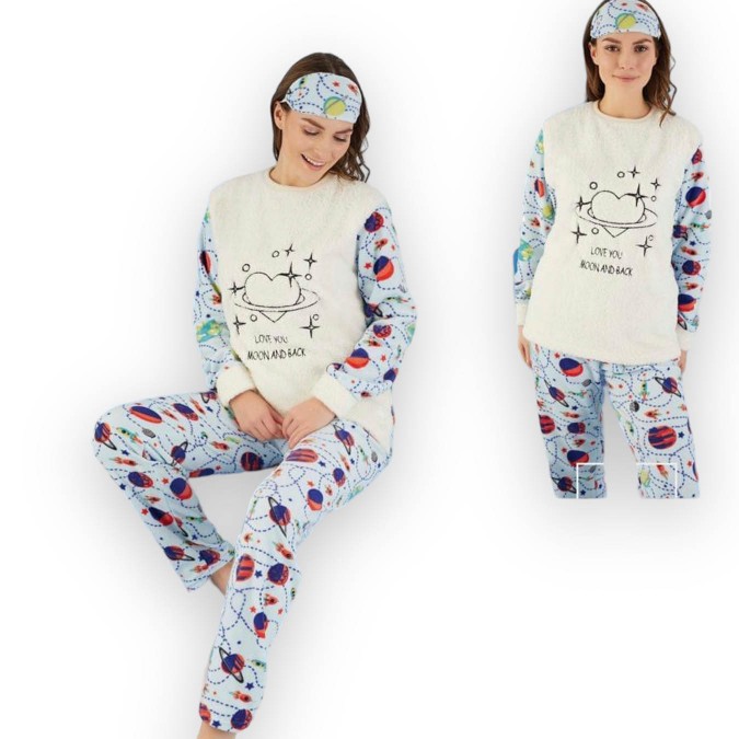 river Awkward Leap Pijama dama, Cocolino - Polar, Alb-Bleu, planete