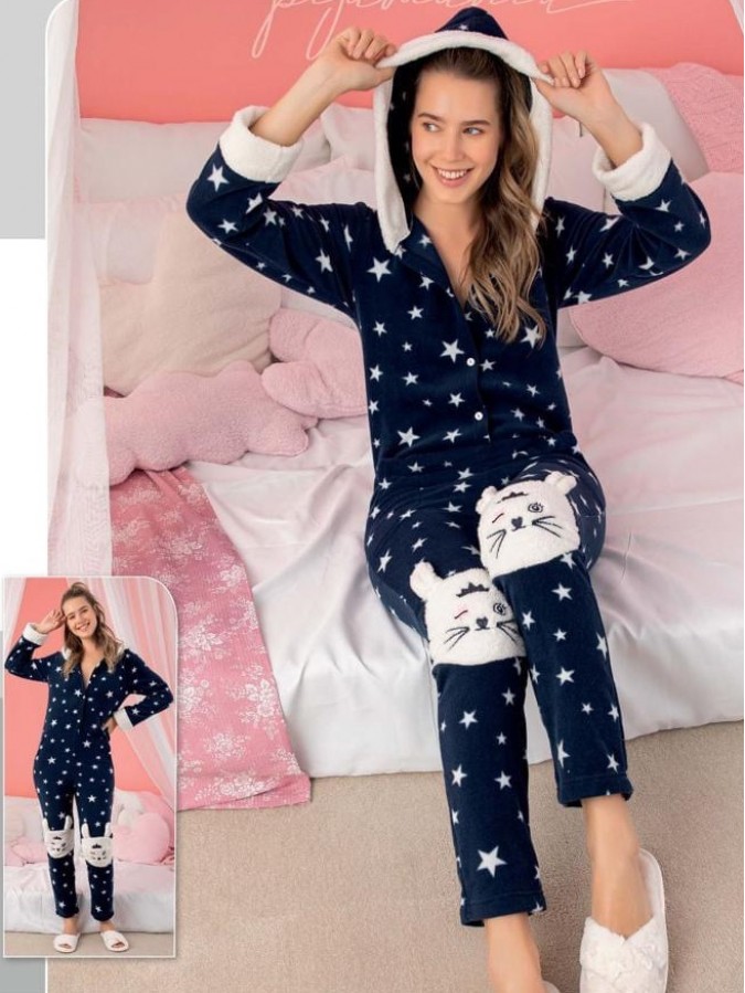 Pijama dama tip salopeta, Cocolino - Polar, bleumarin, inimioare, iepurasi