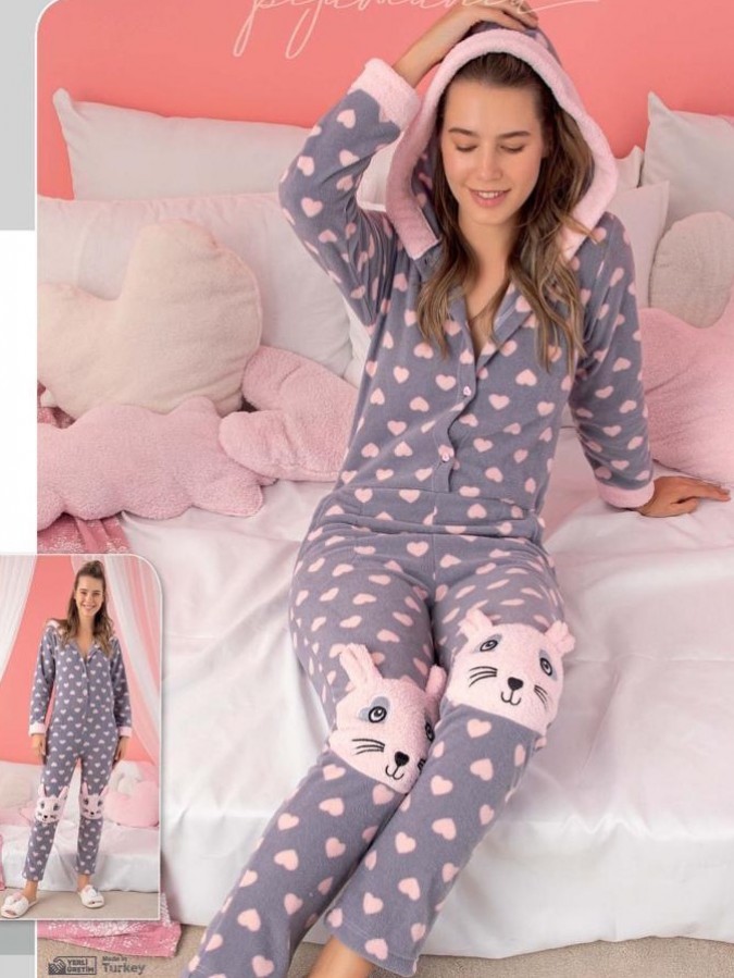Pijama dama tip salopeta, Cocolino - Polar, gri, inimioare, iepurasi