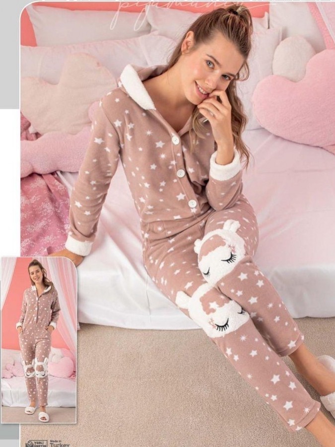 Pijama dama tip salopeta, Cocolino - Polar, bej, stelute, ursuleti