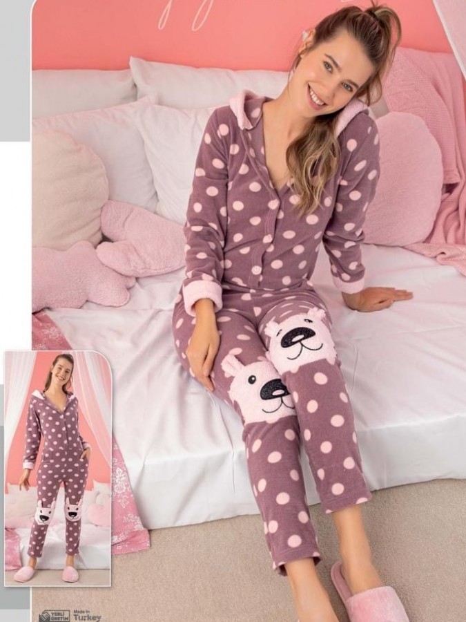 Pijama dama tip salopeta, Cocolino - Polar, Roz, buline, ursuleti