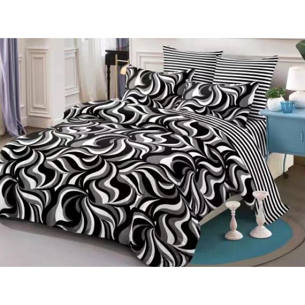 Lenjerie pat dublu,  FINET, cu elastic, 6 piese, Alb-Negru, abstract [1]