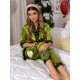 Pijama 3 piese din Satin Verde Olive, Novia, accesorizata cu dantela Chantilly neagra