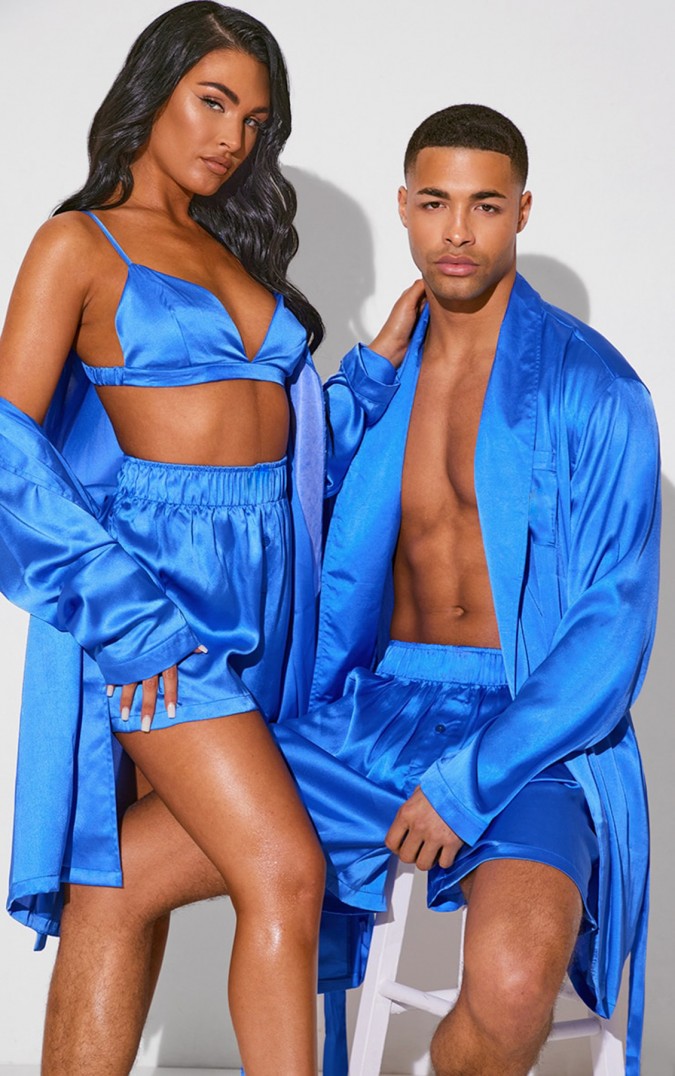 Set pijamale Love pentru cuplu din Satin Albastru