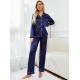 Pijama Luxury Anemona din Satin Bleumarin cu vipusca alba