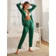 Pijama Luxury Anemona din Satin Verde Iarba cu vipusca alba 