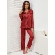 Pijama Luxury Anemona din Satin Visiniu cu vipusca alba