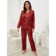 Pijama Luxury Anemona din Satin Visiniu cu vipusca alba