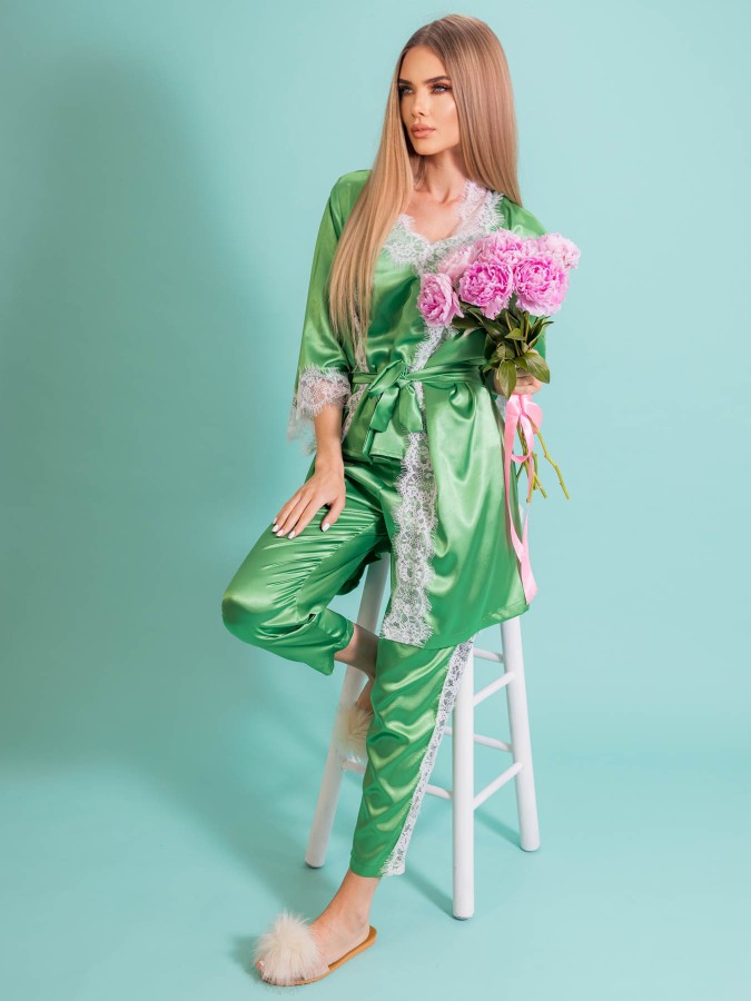 Set 3 piese Gabrielle Luxury din Satin Verde Iarba cu dantela alba