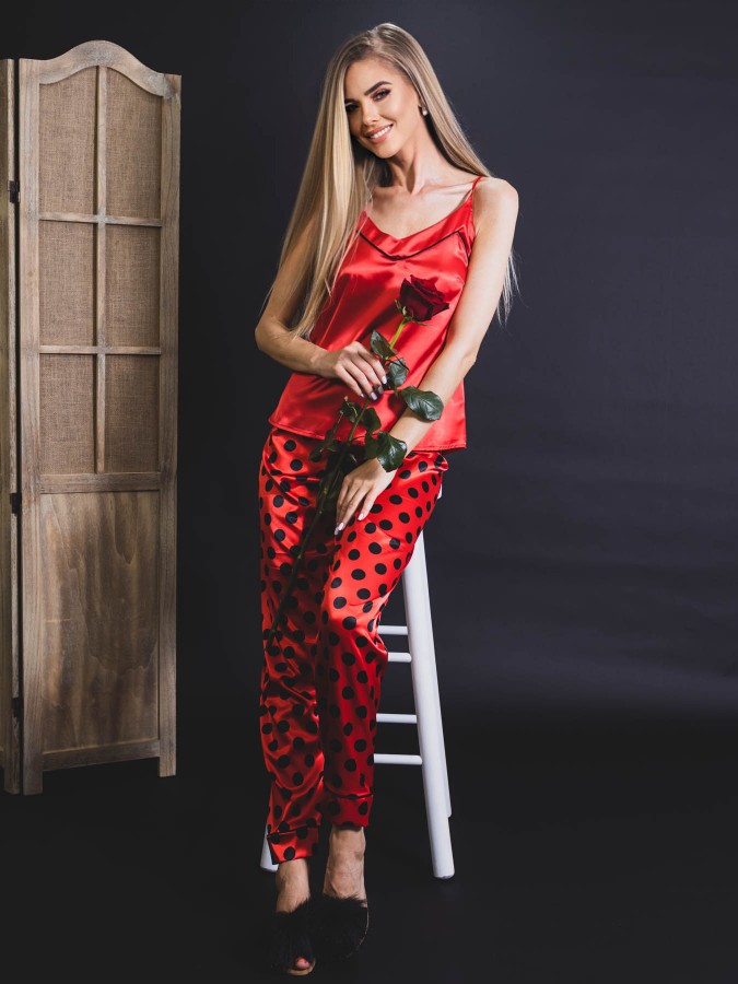 Pijama Luxury Lia din Satin Dots Red&Black 