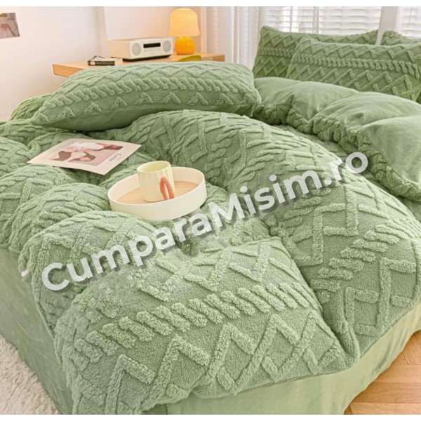 Lenjerie pentru pat dublu pufoasa CoCoLiNo, tip tricotaj, 4 piese, Verde [1]