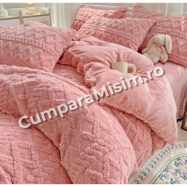 Lenjerie pentru pat dublu pufoasa CoCoLiNo, tip tricotaj, 4 piese, Roz [1]