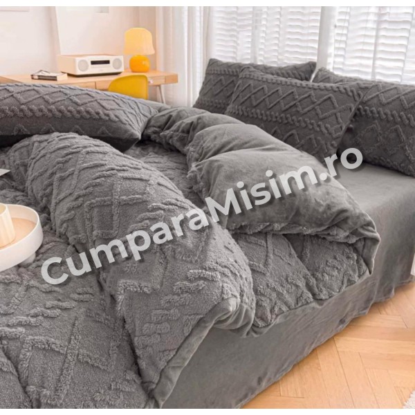 Lenjerie pentru pat dublu pufoasa CoCoLiNo, tip tricotaj, 4 piese, Gri [1]