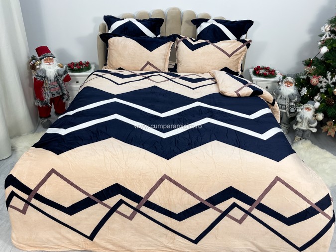 Lenjerie pat dublu, Super Pufoasa COCOLINO, 6 piese, Crem-Negru, Zig-Zag