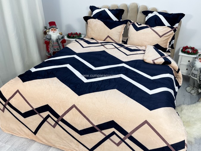 Lenjerie pat dublu, Super Pufoasa COCOLINO, 6 piese, Crem-Negru, Zig-Zag