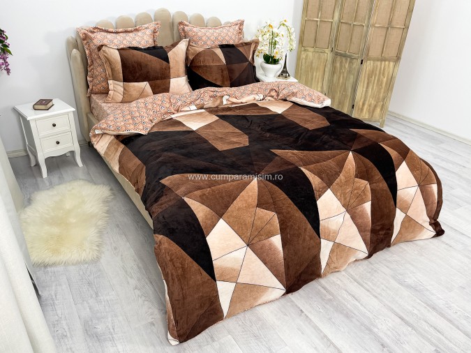 Lenjerie pat dublu, Super Pufoasa COCOLINO, 6 piese, Bej-Maro, forme geometrice