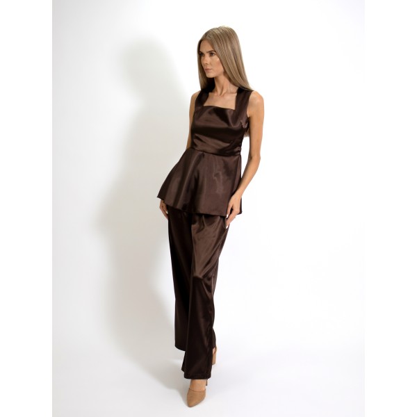 Compleu din doua piese, maieu baby doll si pantalon lung drept din Satin maro inchis [1]