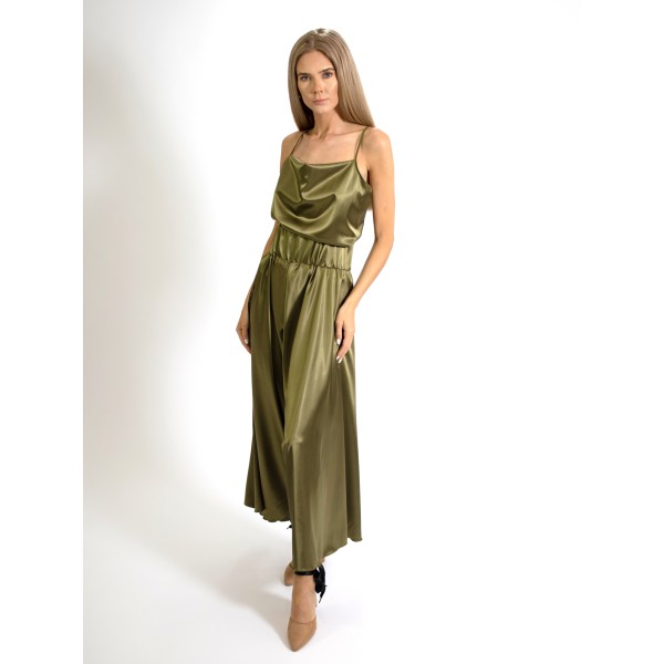 Compleu din doua piese cu maieu si fusta pantalon lunga verde olive din Satin [1]