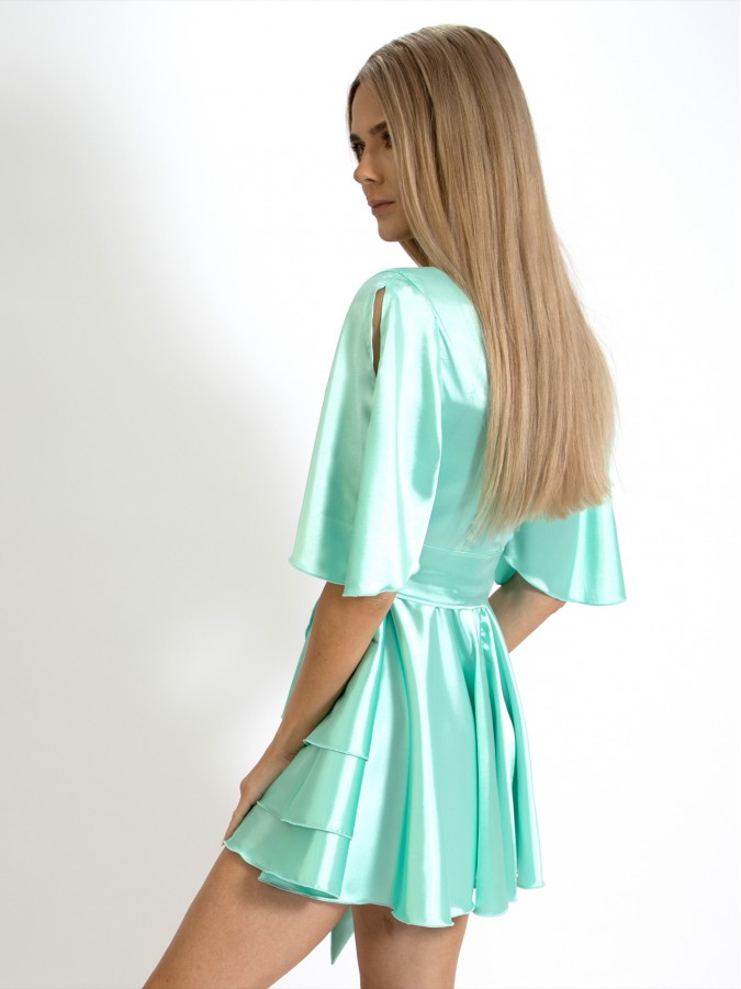 Rochie Sugar scurta cu volanase din Satin verde aqua