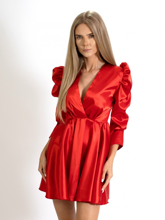 Rochie Doll, cu maneca lunga, croi in clos si umeri bufanti din Satin rosu