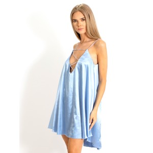 Rochie Bella, cu croi lejer tip clopot, decolteu in V si bretele din lant din Satin bleu Rochie Bella, cu croi lejer tip clopot, decolteu in V si bretele din lant din Satin bleu
