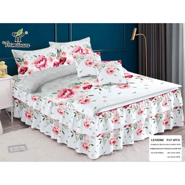 Lenjerie pat dublu,  FINET, 6 piese, cu VOLANASE, Gri-Multicolor, flori [1]