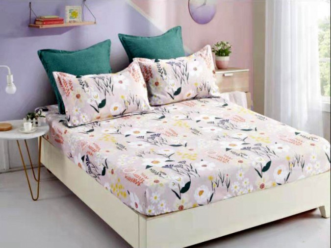 Cearsaf pat, cu ELASTIC, 180x200cm, 4 fete perna, Bumbac FINET, Roz-Multicolor, flori