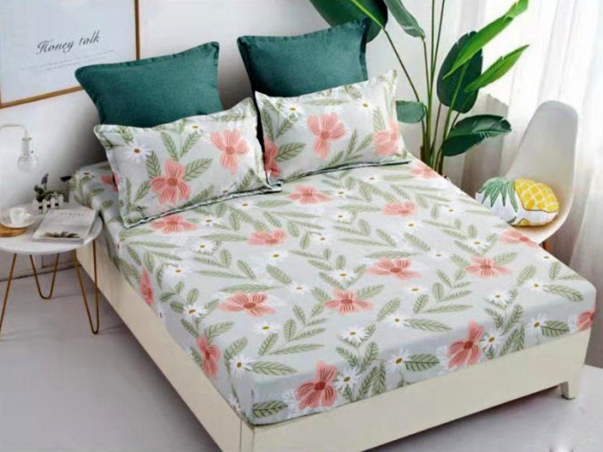 Cearsaf pat, cu ELASTIC, 180x200cm, 4 fete perna, Bumbac FINET, Gri-Multicolor, flori