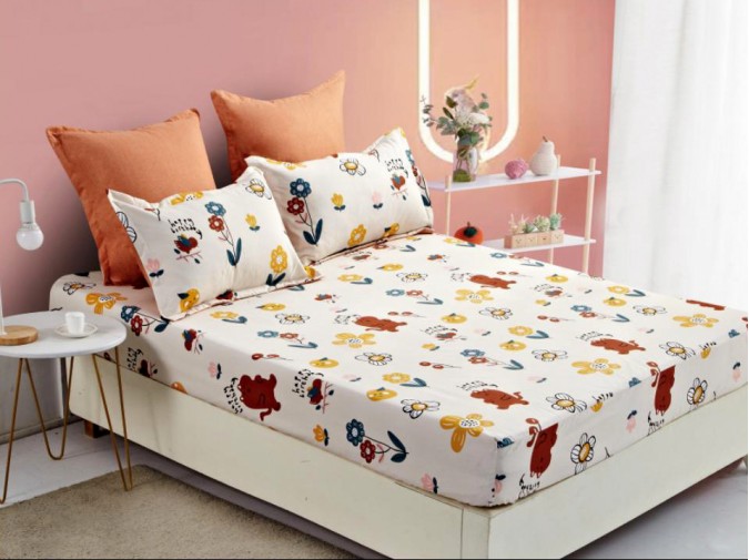 Cearsaf pat, cu ELASTIC, 180x200cm, 4 fete perna, Bumbac FINET, Crem-Multicolor, flori