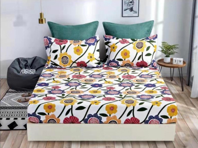 Cearsaf pat, cu ELASTIC, 180x200cm, 4 fete perna, Bumbac FINET, Alb-Multicolor, flori